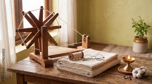 Traditional Wooden Charkha Spinning Wheel with Hand-woven Khadi Cloth, Spectacles, and Lit Oil Lamp on a Rustic Table Symbolizing Gandhi's Legacy