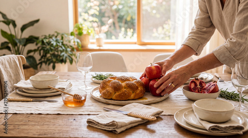 Festive Rosh Hashanah Table Setting with Challah Bread, Apples, Honey, and Pomegranate as a Woman Prepares for the Jewish New Year Celebration