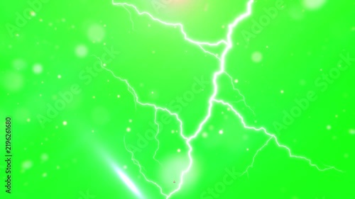Lightning flashing across a vivid green backdrop accompanied by subtle white bokeh circles floating gently in the atmosphere.