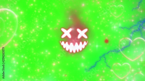 Graphic featuring a grinning emoji with cross eyes floating against a vivid green backdrop filled with sparkling lights and faint heart outlines.