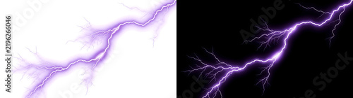 Lightning bolt glowing purple electric double strike with dense sparks for design projects in PNG, Transparent and Black Background Versions