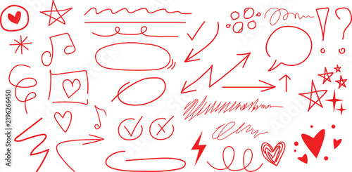A collection of doodle red marker set. Hand drawn red sketchy arrows, lines, circles, hearts, stars, and symbols.