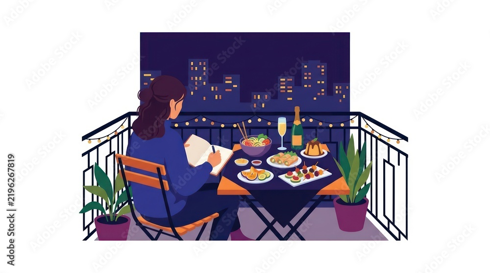 Fototapeta premium Woman journaling on balcony during night dinner with city view