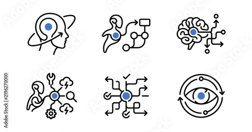 Autonomous AI Assistant Continuous Line Icon Set – AI Agent, Task Automation, Smart Planning and Decision Making Vector Icons