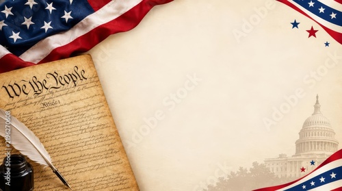 Historic Document and American Symbols on a Plain Background