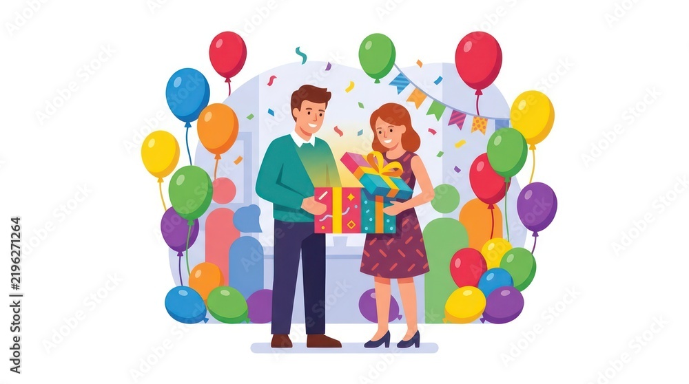 Fototapeta premium Happy couple opening glowing surprise gift box with festive balloons