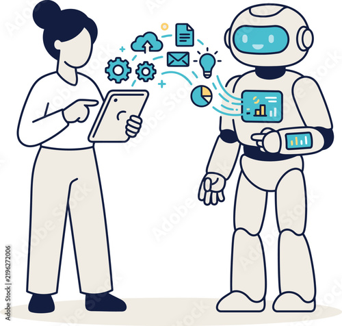 Woman interacting with AI robot using digital tablet for data transfer and technology integration AI robot artificial intelligence robotic technology tech business automation systems human robot