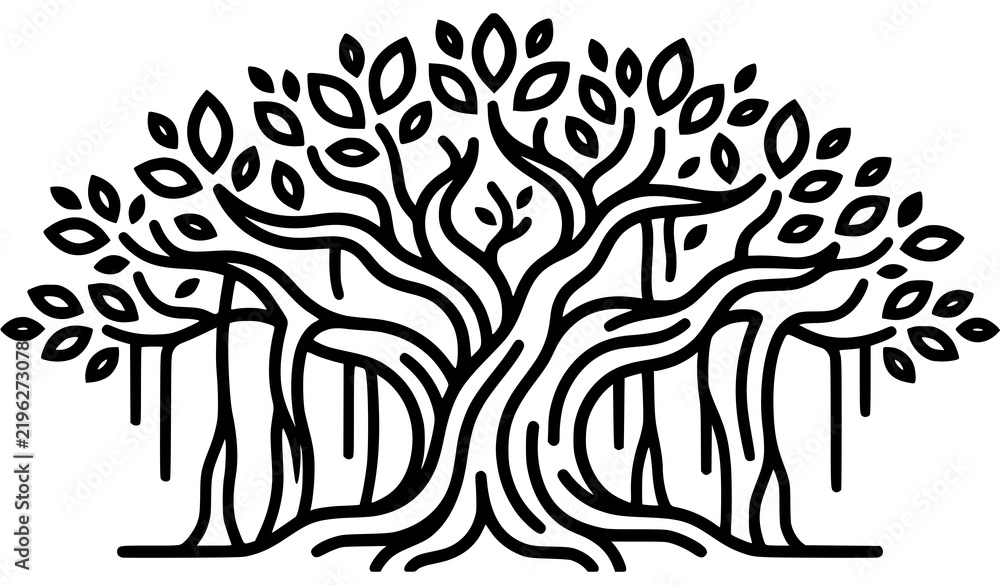 Obraz premium Majestic Banyan Tree Black Vector Botanical Nature Illustration