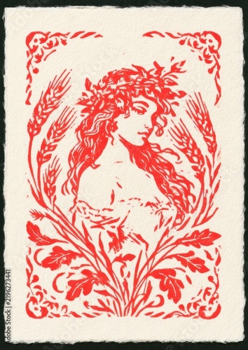 Maiden figure with wheat motif in a vintage linocut print inspired playing card design