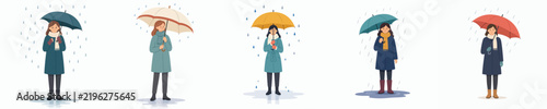vector of a woman sitting with an umbrella under the rain