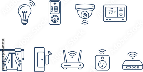 A collection of smart home technology icons featuring devices like lights, cameras, and thermostats.