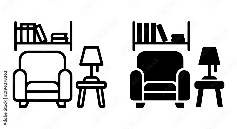 Obraz premium Cozy Living Room Icons, Armchair and Bookshelf Set, Minimalist Home Decor Vector