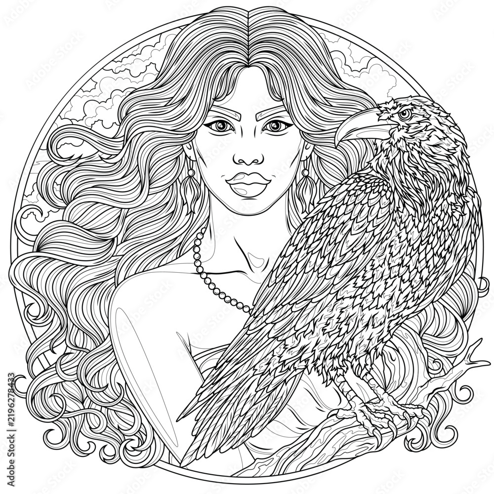 Fototapeta premium The woman and the raven in round frame.Coloring book antistress for children and adults.