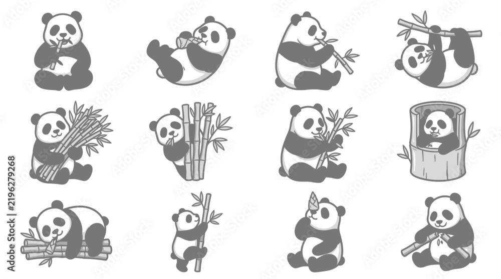 Obraz premium Corporate Collection of Minimalist Gray Panda Icons with Bamboo for Branding Presentations and Educational Materials