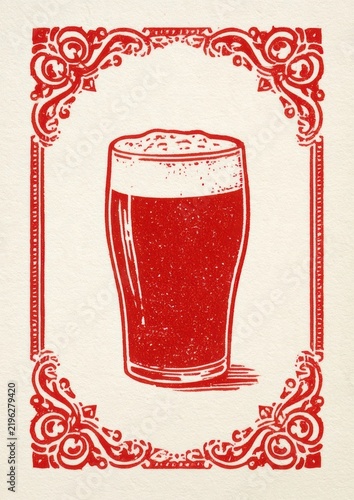 Symmetric pint glass filled with stout in a vintage linocut style with ornamental borders