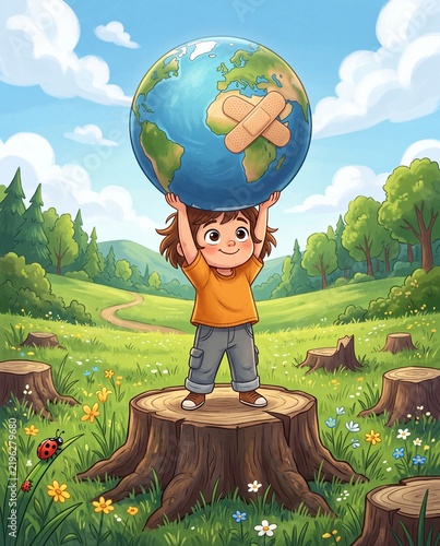 Cartoon Child Holding Earth with Bandages on a Tree Stump in Nature