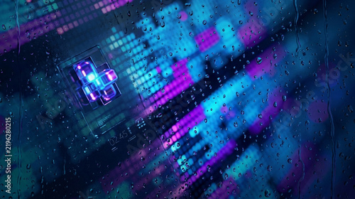 Digital graphic featuring glowing blue and purple abstract patterns, vibrant neon light, and a bottom counter bar displaying tags and comments, ideal for modern social media designs.