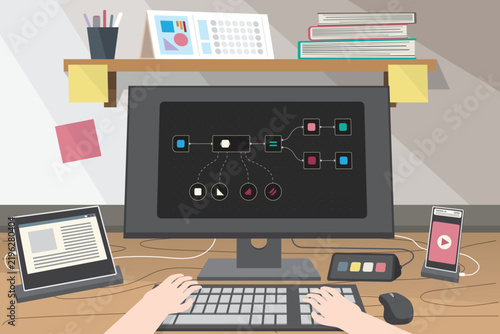 Working Processing and Prompting Graphic Design on Desktop