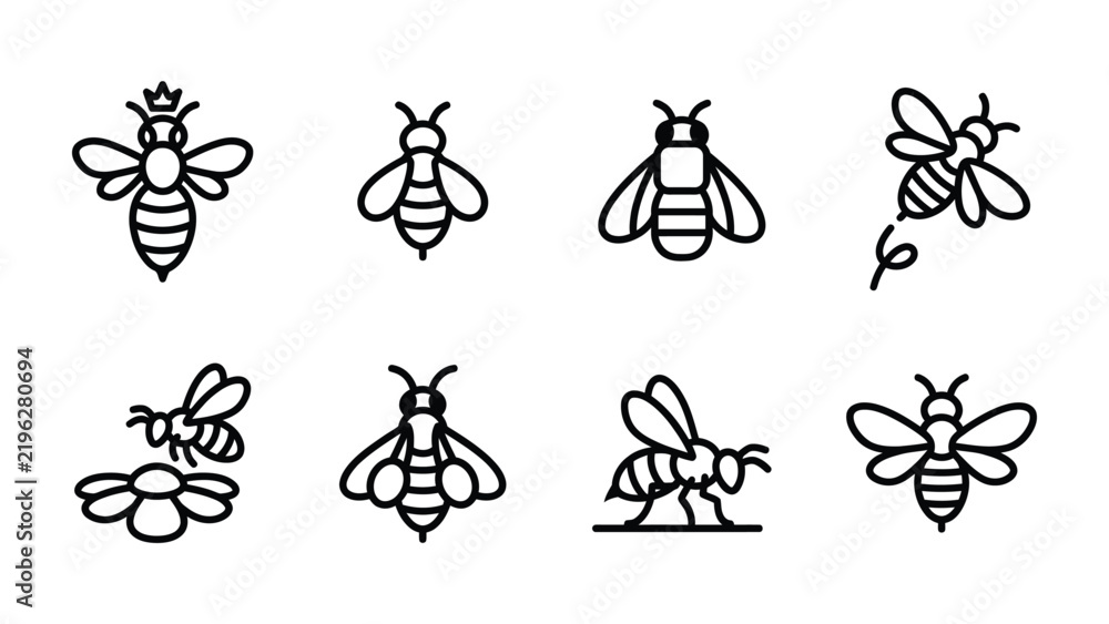 Fototapeta premium Set of Bee Icons: A collection of stylized line art icons depicts various poses and types of bees, including a queen bee and bees interacting with a flower.