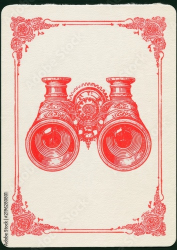 Symmetric vintage binoculars with ornate gears and lens patterns in a red linocut on textured off white paper playing card inspired borders