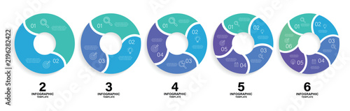 Circle process infographics set. infographic template, circle process chart, diagram, business cycle, workflow diagram, ring chart, 2, 3, 4,  5, 6 steps presentation slide vector graphic, process. 