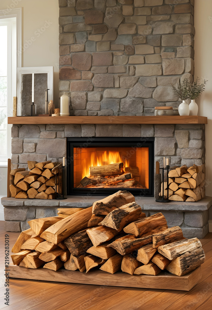 Fototapeta premium Home heating and energy efficiency, stack of firewood logs in front of a cozy stone fireplace with burning flames for winter comfort and interior design
