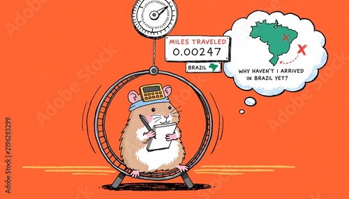 A hamster on a running wheel calculating how many miles it has traveled and why it still hasn't reached Brazil.  