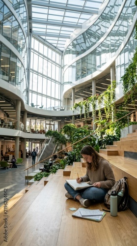 Student studying on wooden steps in modern building atrium