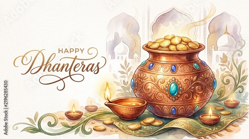 Happy dhanteras celebration with gold kalash and oil lamp diya diwali background