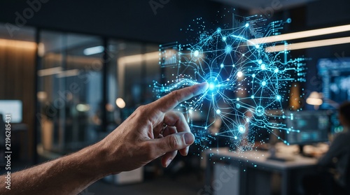 Human Finger Touching Futuristic Digital Neural Network Sphere in Modern Office Setting