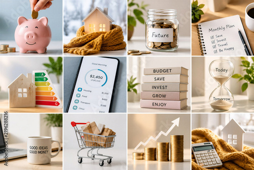 Personal finance and everyday money management concepts shown in a curated collection of lifestyle scenes. The visual set represents saving, budgeting, investing, housing costs, and future financial g