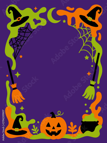 Halloween themed vertical border frame with pumpkin and witch motifs.
