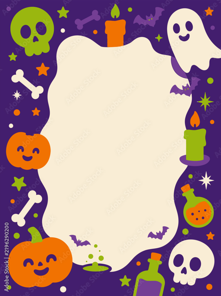 Fototapeta premium Cute Halloween Party Invitation Template with Festive Cartoon Icons.