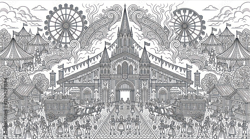 Obraz premium Medieval festival coloring page with castle and carnival wheels
