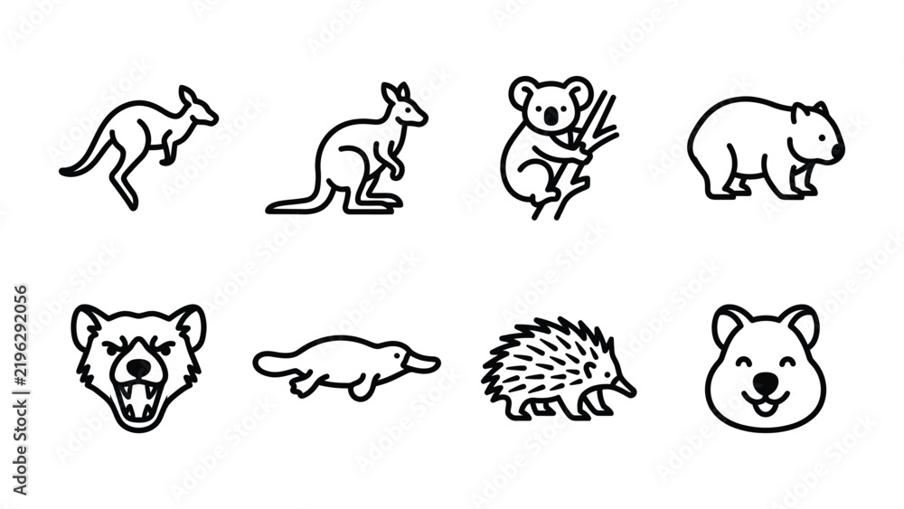 Obraz premium Australian Wildlife Icons: A set of minimalist line art icons featuring iconic Australian animals: kangaroo, koala, wombat, Tasmanian devil, platypus, echidna, and quokka.