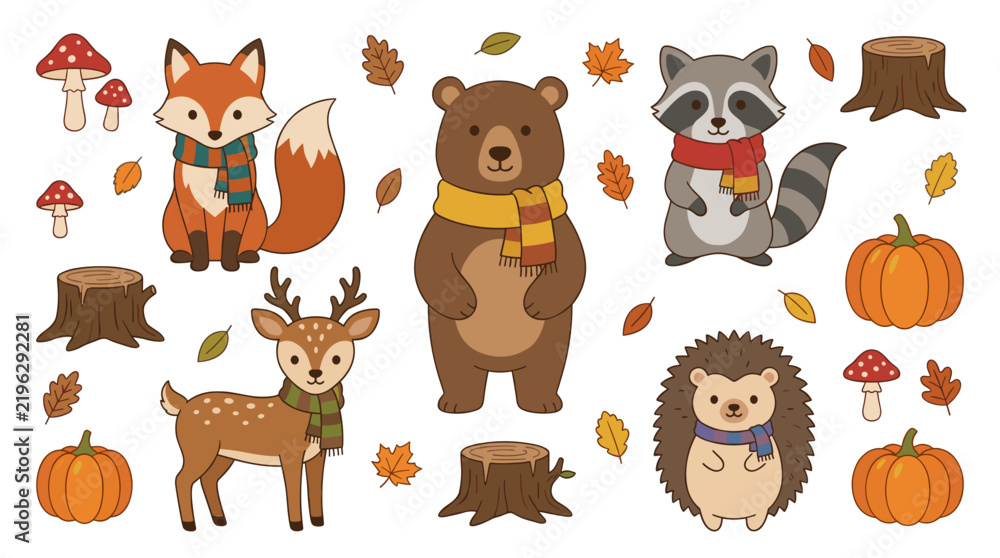 Fototapeta premium Kawaii Woodland Animals with Fall Scarves and Forest Icons Vector