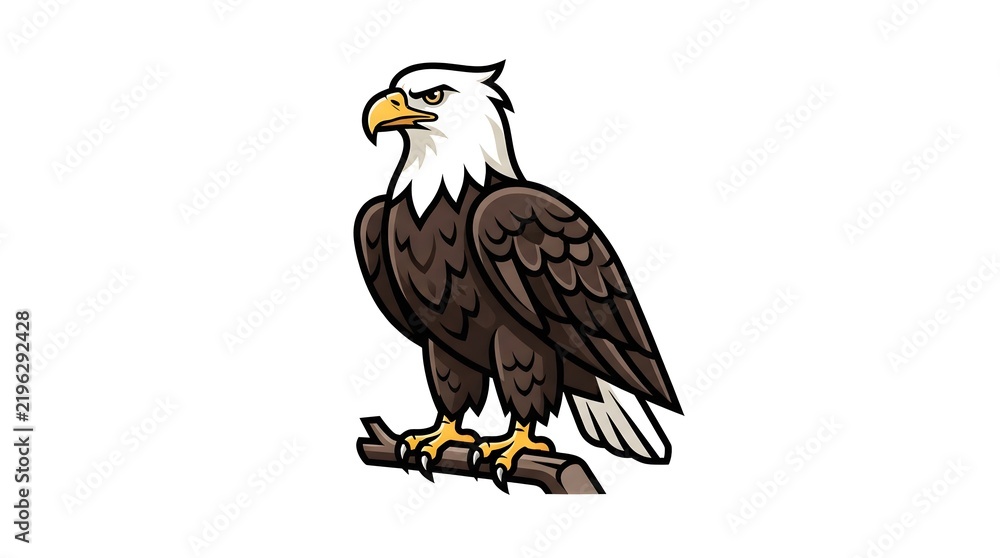 Obraz premium A majestic bald eagle perched on a branch, vector illustration of a powerful bird of prey in a detailed cartoon style with sharp focus