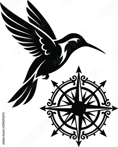 Hummingbird and Compass Rose Silhouette Vector Illustration