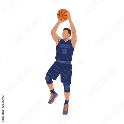 Basketball player in action making a jump shot and throwing the ball in a modern flat vector illustration style