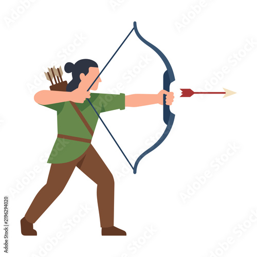 Medieval archer character aiming and shooting an arrow with a longbow in a modern flat vector illustration style