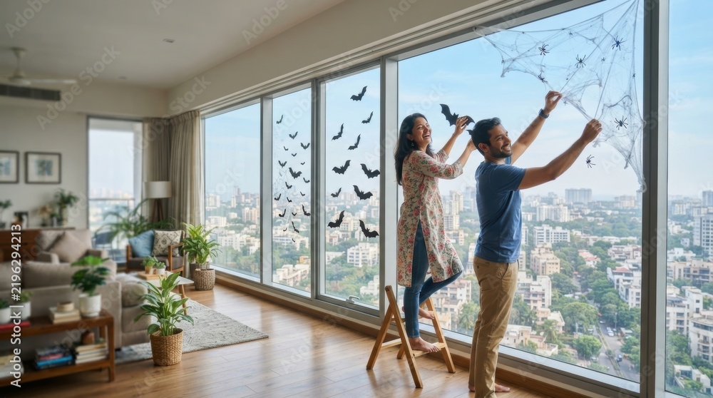 Fototapeta premium Couple Decorating Window for Halloween: A man and a woman stand on ladders, decorating a large window with Halloween-themed cutouts, creating a festive atmosphere in their apartment.