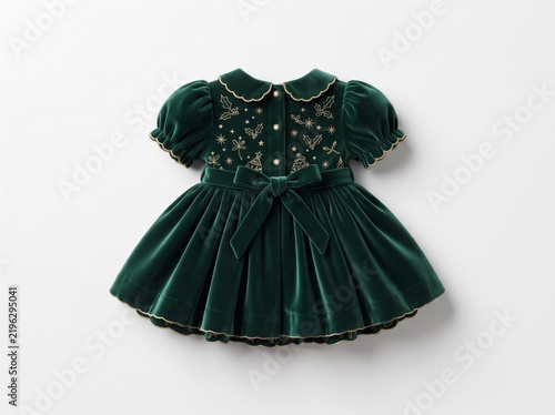 Dark green velvet baby girl party dress with embroidered details isolated on white background