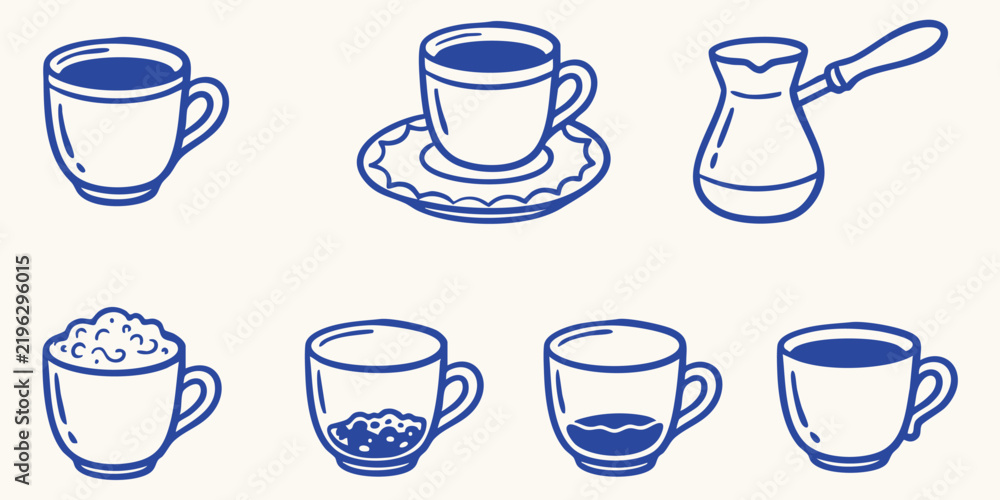 Obraz premium Collection of hand drawn doodle coffee cups and cezve with varying contents during morning light