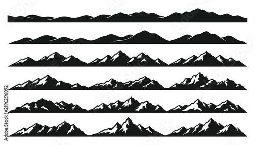 A collection of black and white mountain range silhouettes featuring various jagged peaks and rocky landscapes isolated on a plain white background