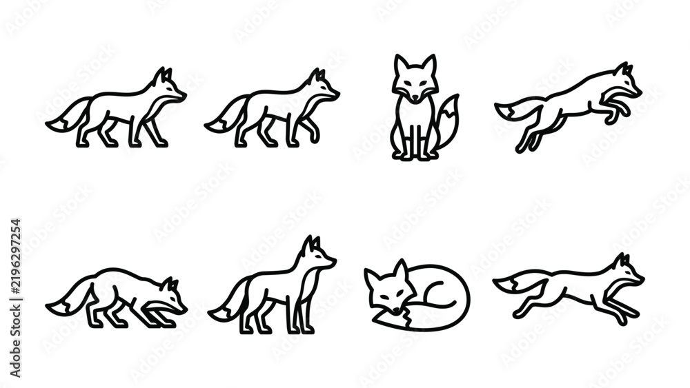 Fototapeta premium Collection of Fox Iconography: A set of simple line art icons depicts a fox in various poses, including standing, walking, sitting, sleeping, and running, offering a versatile visual element.