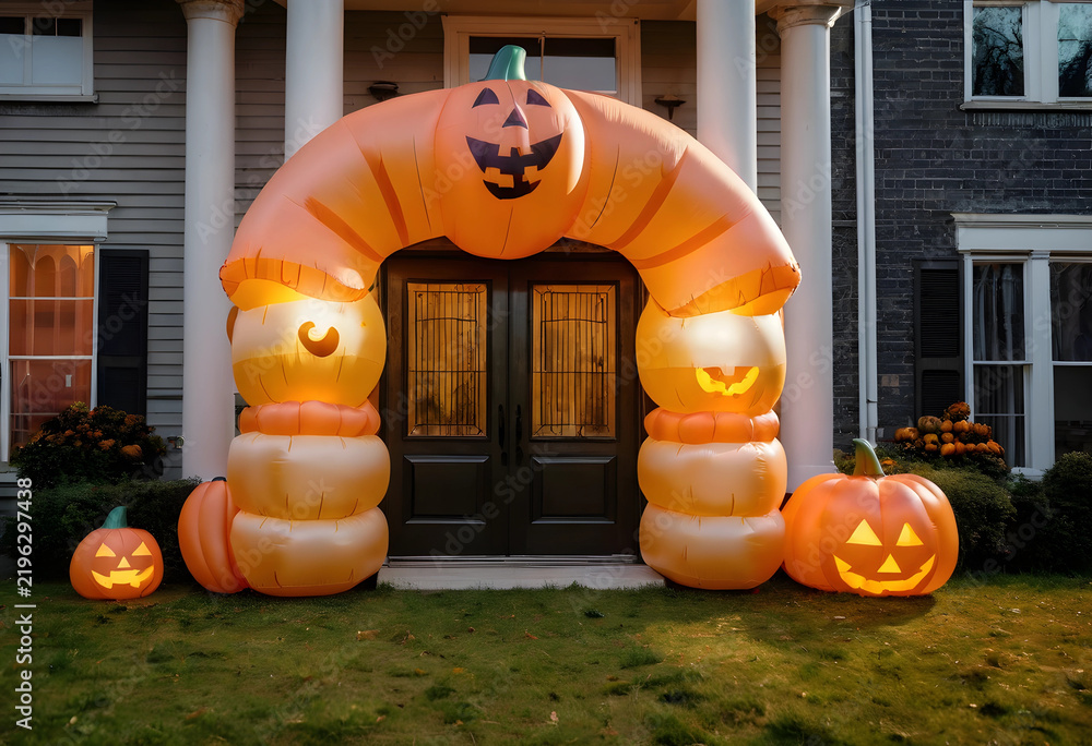 Fototapeta premium Halloween home decoration, inflatable pumpkin archway and jack-o-lanterns at front door for autumn holiday celebration and seasonal residential exterior