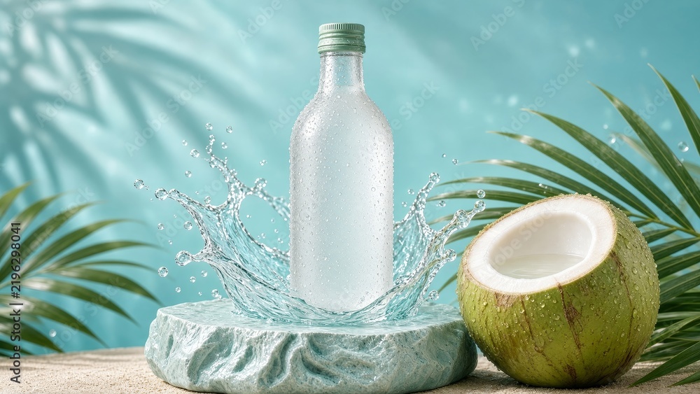 Obraz premium A clear glass bottle filled with fresh coconut water sits next to a halved green coconut on a textured stone slab surrounded by tropical palm leaves and splashing water.