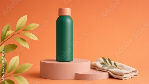 Mint green bottle with a peach cap stands on a tiered geometric podium surrounded by fresh green leaves and a neatly folded beige cloth against a warm orange background