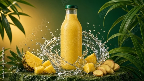 A glass bottle of yellow pineapple ginger juice stands surrounded by fresh fruit slices and splashing water droplets against a green leafy background.