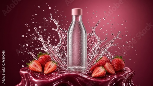 A glass bottle of clear water stands amidst a dynamic splash of strawberry juice and fresh whole and sliced berries against a deep crimson background.